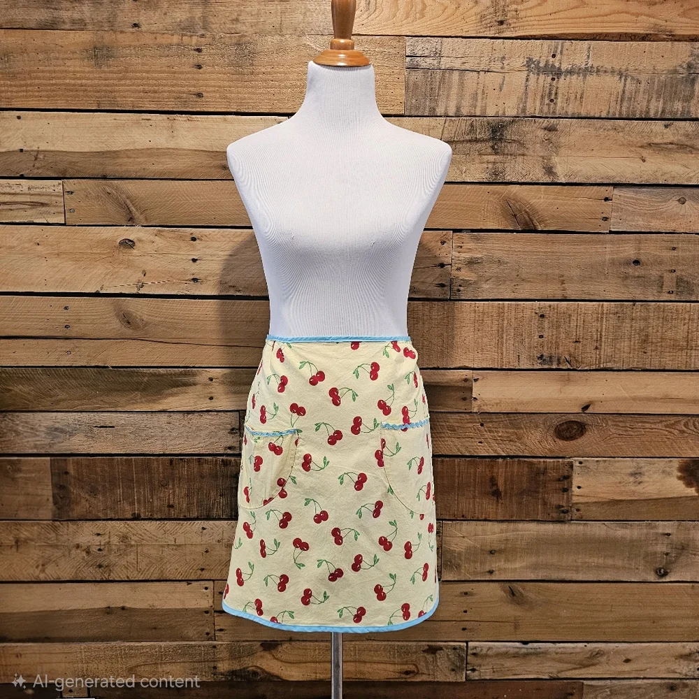 Retro Yellow Cotton Half Apron w/ Cherry Design